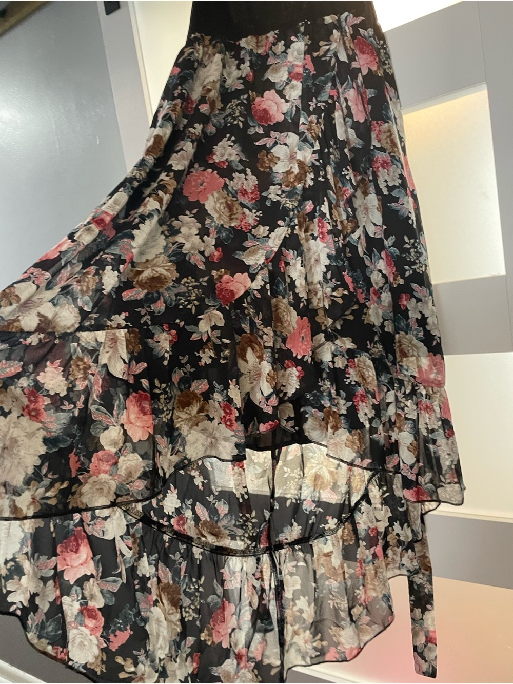 BloomChic Black Floral High-Low Maxi dress with Pink & Cream Roses